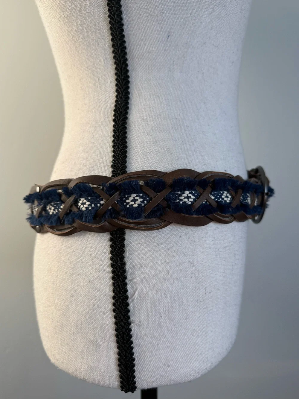 Boho Braided Leather Belt Blue Fringe Woven Western Festival Waist Belt